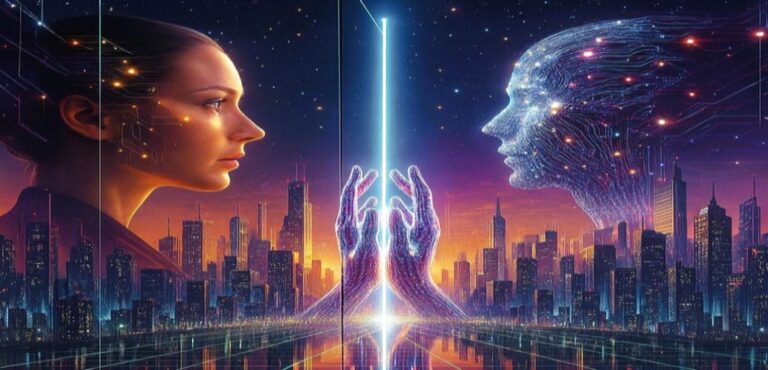 AI image of person looking into digital mirror